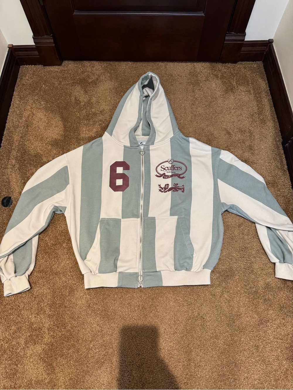 Striped Zip-Up Hoodie in Sage & Cream with Number Detail
